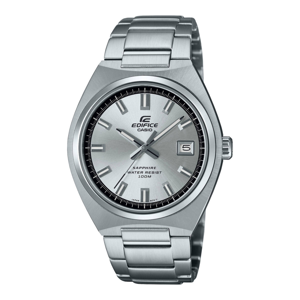 Silberne Herrenarmbanduhr mit rundem Zifferblatt und Metallarmband, Saphirglas