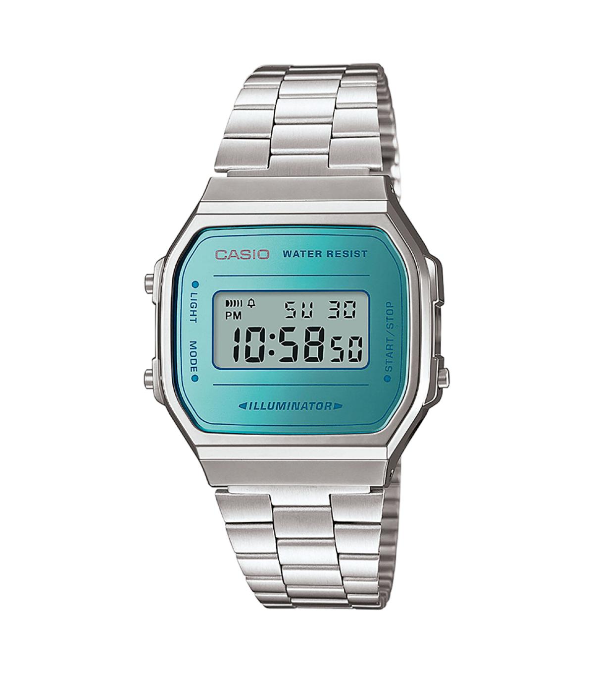 Casio Vintage A168WEM-2EF Armbanduhr Blaugrün • Elektrolumineszierende Hintergrundbeleuchtung • 1/100-Sek.-Stoppuhr