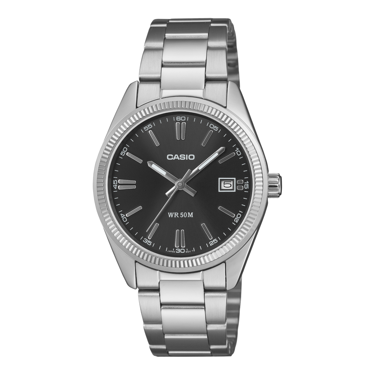 Casio Armbanduhr mit schwarzem Zifferblatt, Edelstahlband und Datumsanzeige
