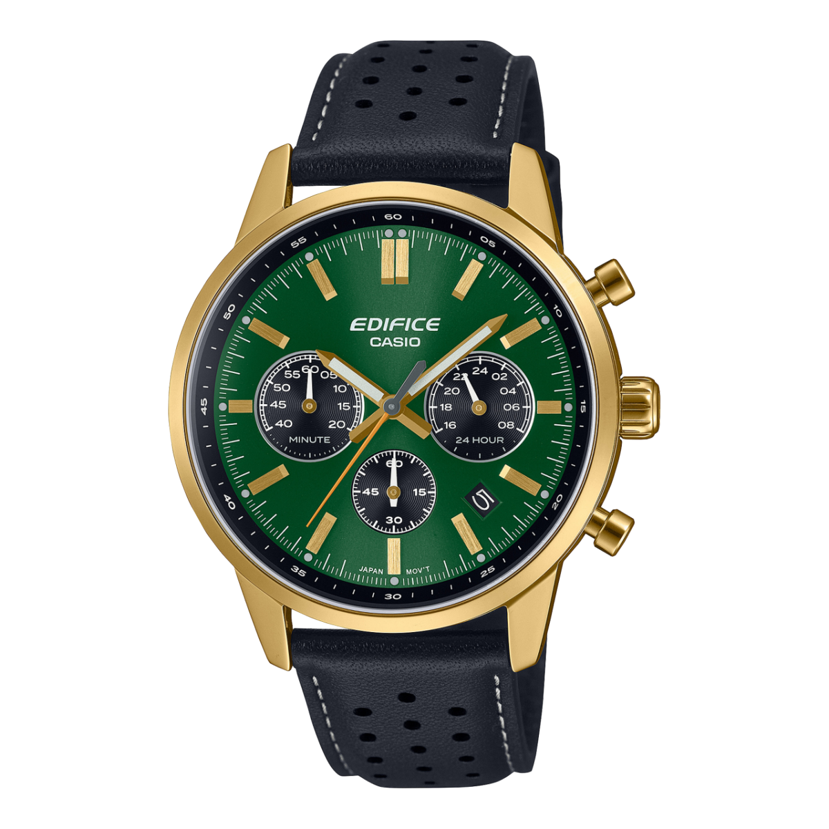 Casio Edifice Chronographenarmbanduhr: grünes Zifferblatt, Lederband, goldfarb. Gehäuse