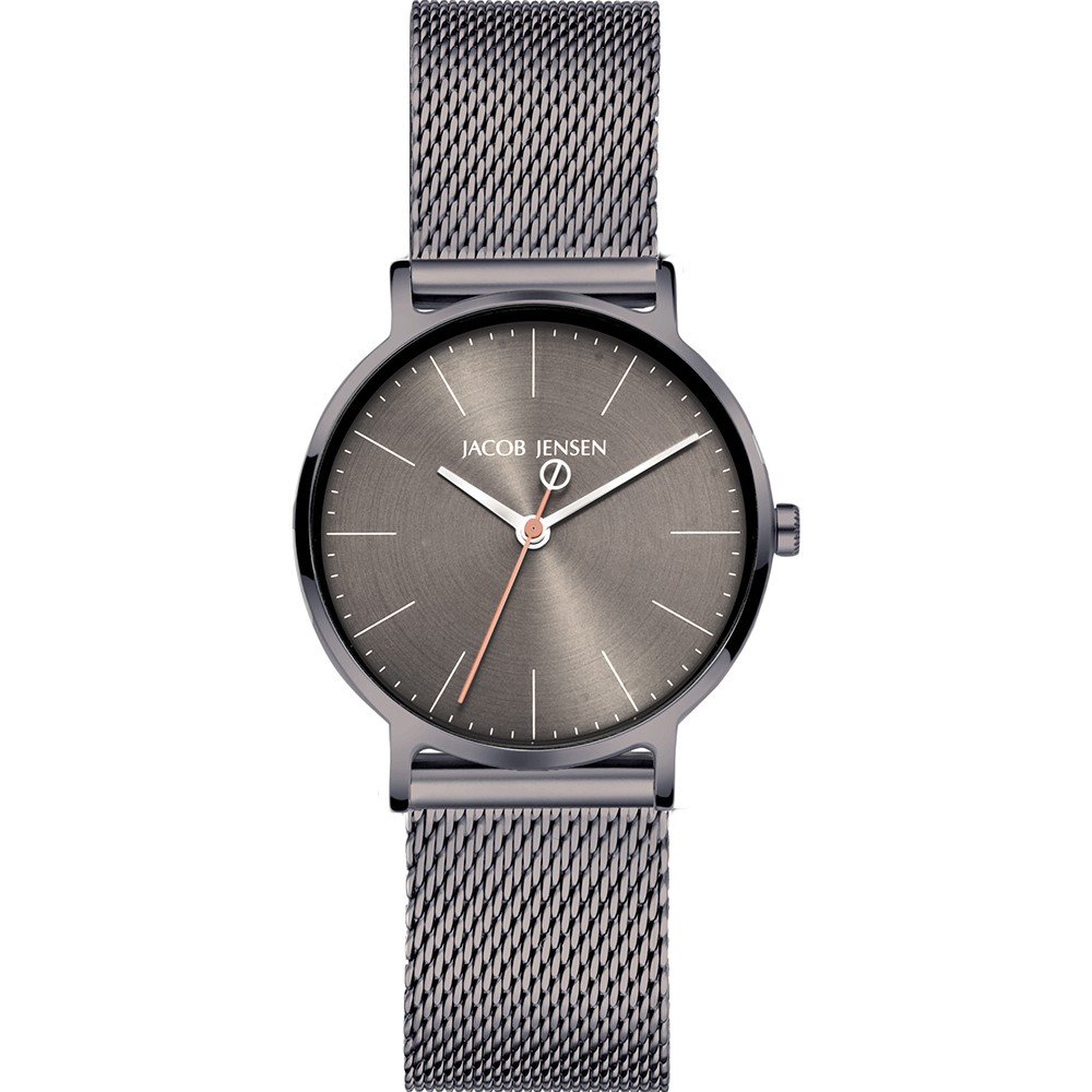 Damenarmbanduhr mit rundem grauem Zifferblatt, Metallarmband und orangefarbenem Sekundenzeiger