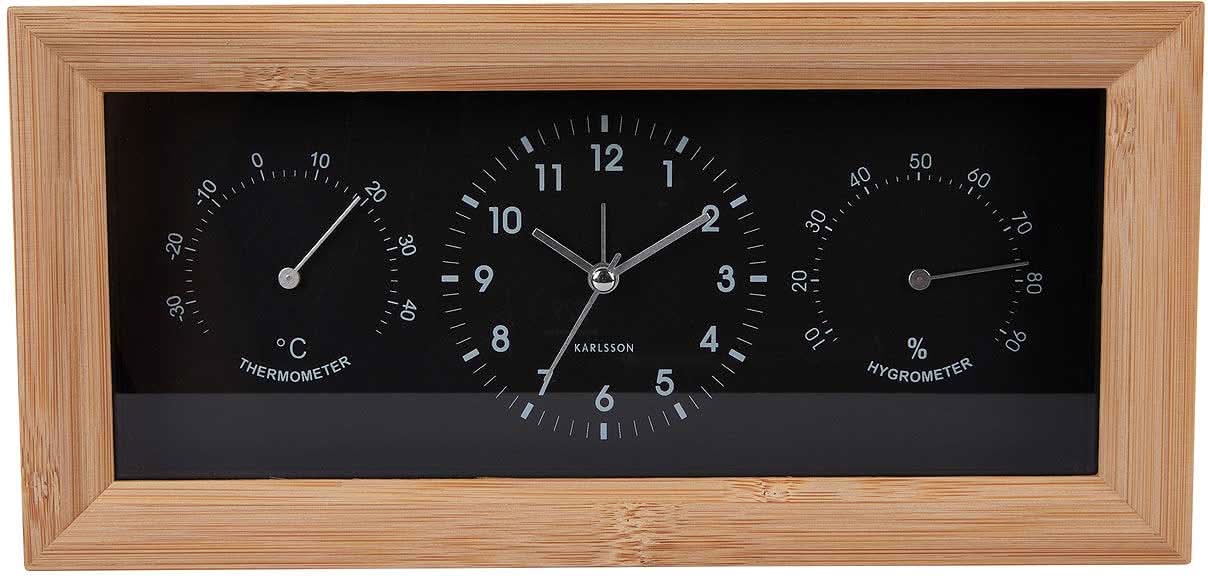 Karlsson Neat Rectangle Alarm Clock 12.8x26x5.4 cm Bamboo • Analog Time Display • With Temperature & Humidity