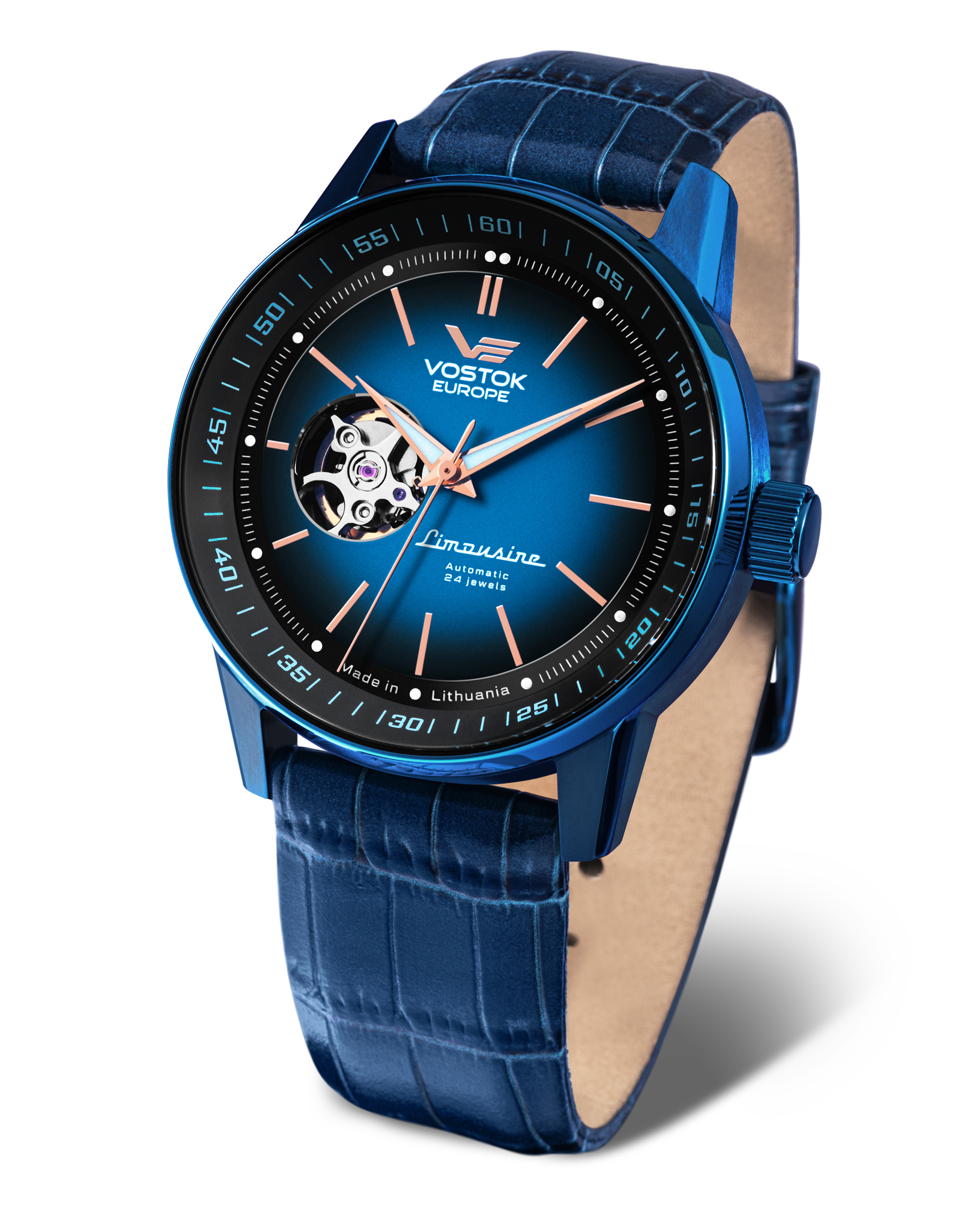 Herrenarmbanduhr VOSTOK EUROPE mit blauem Lederband, offenem Herz und schwarzem Zifferblatt.