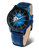 Herrenarmbanduhr VOSTOK EUROPE mit blauem Lederband, offenem Herz und schwarzem Zifferblatt.