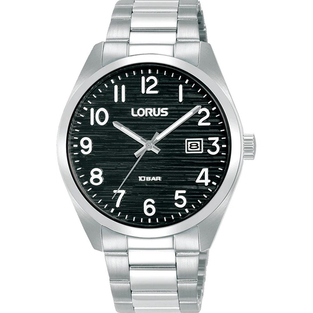 Lorus RH905RX9 Herren Armbanduhr Schwarz • Strukturiertes Zifferblatt mit Datum • Edelstahlarmband