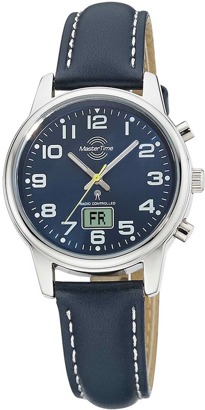 Women's watch with blue leather strap and dark blue dial with date display "FR"
