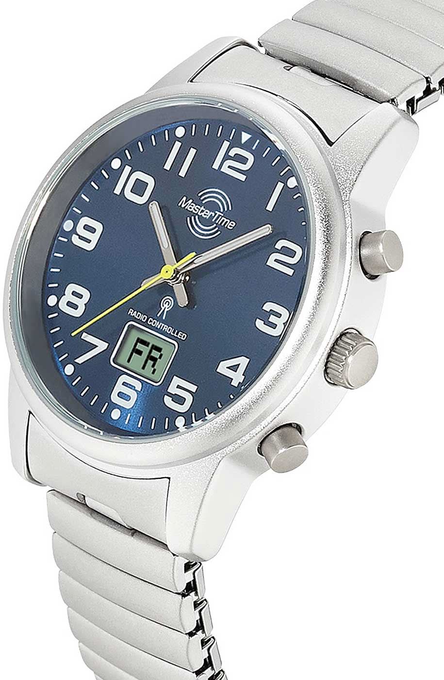 Women's watch with blue dial, silver-colored case, and three buttons on the side