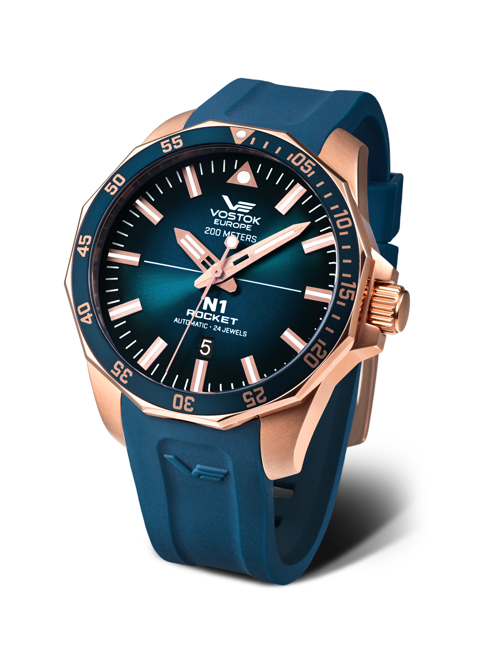 Herrenarmbanduhr mit rundem blauem Zifferblatt, Roségold-Lünette und blauem Silikonarmband