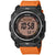 Herrenarmbanduhr mit orangefarbenem Silikonarmband, schwarzem Gehäuse und Digitalanzeige