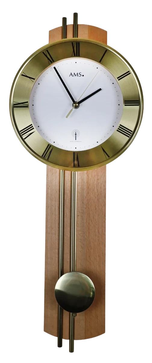 AMS Wooden Wall Clock • Radio-Controlled Movement • Classic Design with Brass Pendulum