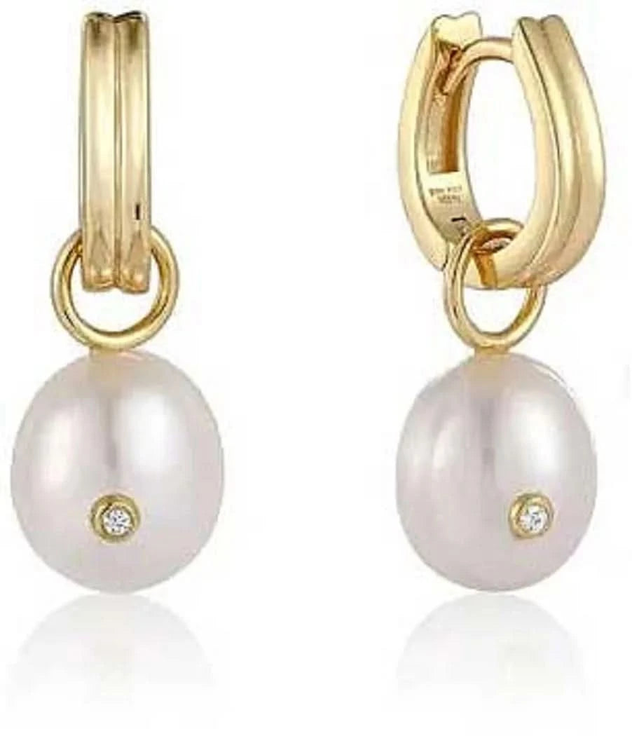 ANIA HAIE E043-04G Creole earrings with oval pearl pendant and zirconia stone
