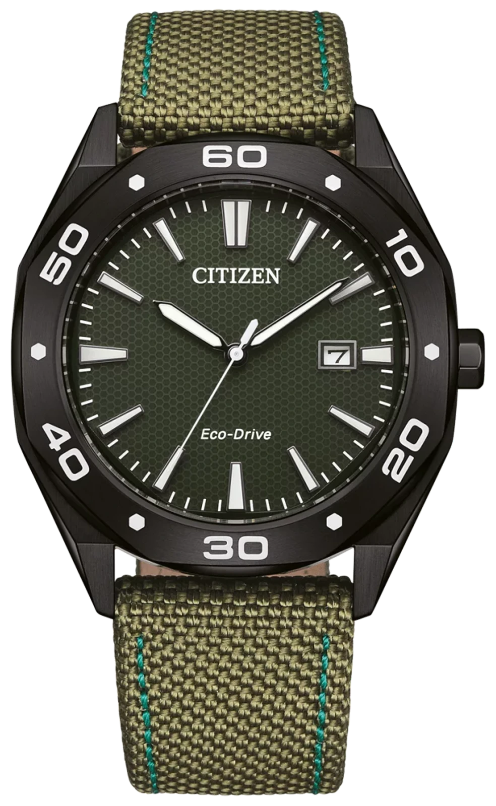 Herren-Armbanduhr mit schwarzem Zifferblatt, grünes Textilarmband und silbernen Zeigern