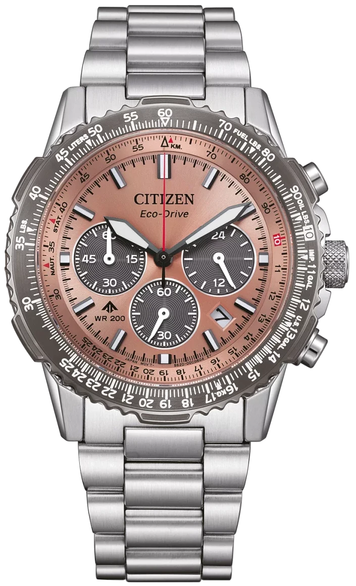 Herrenarmbanduhr mit silberfarbenem Edelstahlarmband, rundem Chronograph-Zifferblatt und Lünette.