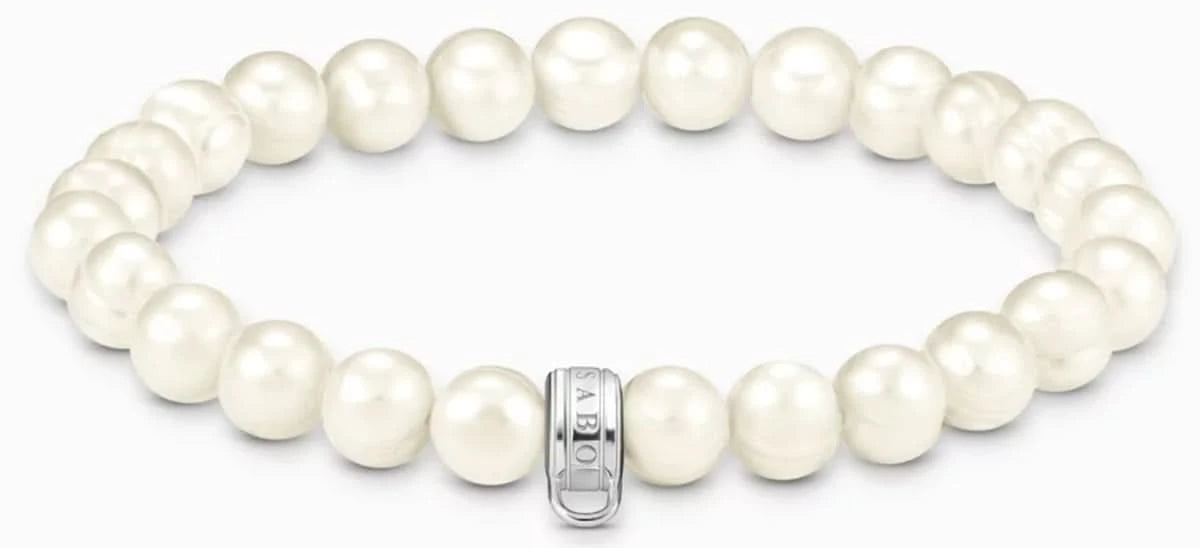 Thomas Sabo Bead Bracelet Model: X0293-082-14-L17 with white freshwater cultured pearls and a ring-shaped eyelet for charms