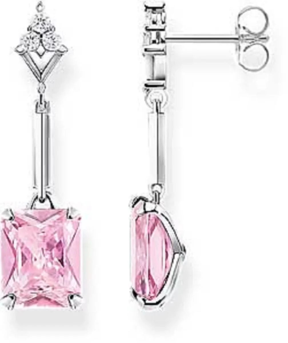 Drop earrings with pink stone setting - 925 sterling silver