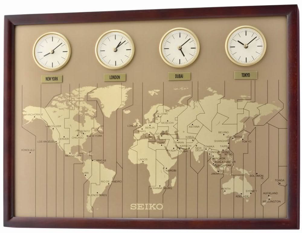 Seiko Wall Clock 33 cm Ø Wood • World Time Function • Silent Quartz Movement