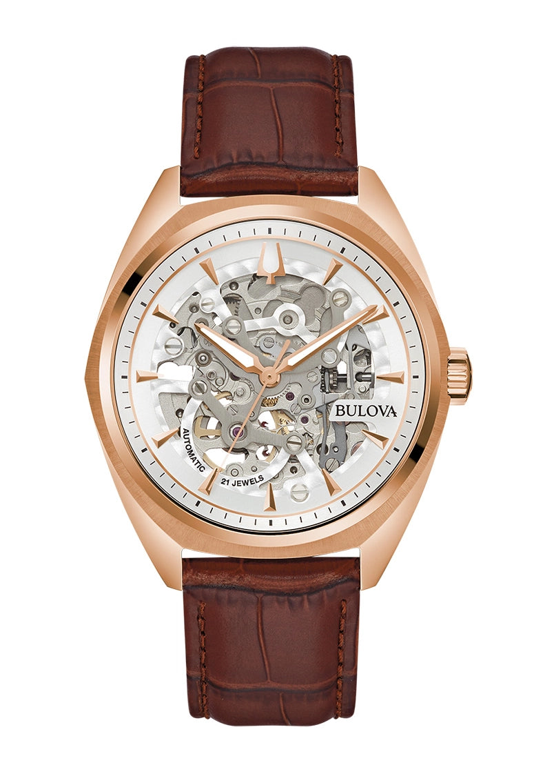Bulova Herrenuhr mit Skelettzifferblatt, roségoldfarbenem Gehäuse und braunem Lederarmband