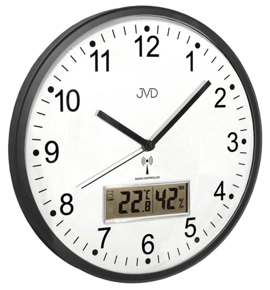 JVD Wall Clock 29.5x29.5x4 cm Plastic • Radio-Controlled • Temperature & Humidity