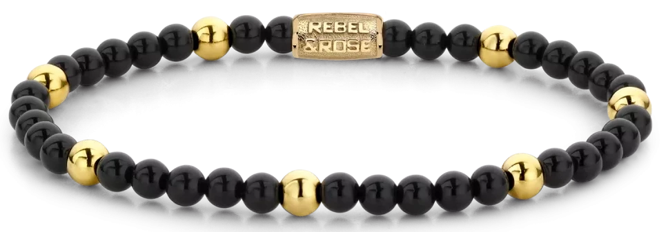 Bracelet made of black and gold-colored gemstones with stainless steel clasp - Rebel&Rose Model: RR-40043-G-M