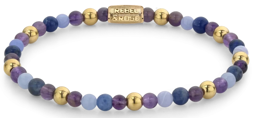 Gemstone bracelet in purple, violet, and gold with stainless steel clasp - Rebel&Rose Model: RR-40064-G-S