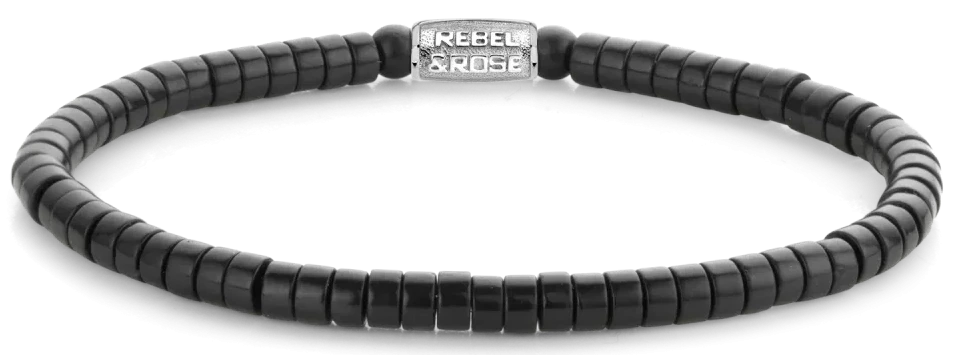 Black bracelet made of disc-shaped Blackstone with a stainless steel clasp - Rebel&Rose Model: RR-40073-S-M