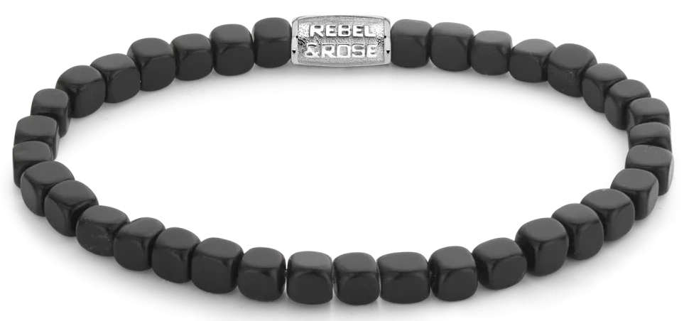 Black Bracelet Made of Cube-Shaped Blackstone with Stainless Steel Clasp - Rebel&Rose Model: RR-40079-S-M