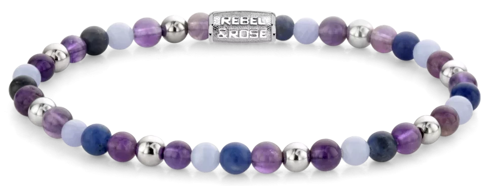 Bracelet made of gemstones in violet color mix and silver with stainless steel clasp - Rebel&Rose Model: RR-40102-S-M