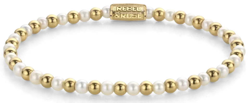 Bracelet made of 4mm genuine freshwater pearls and gold-colored stones with stainless steel clasp - Rebel&Rose Model: RR-40126-G-M