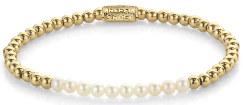 Bracelet made of 4mm genuine freshwater pearls and gold-colored stones with stainless steel clasp - Rebel&Rose Model: RR-40127-G-M