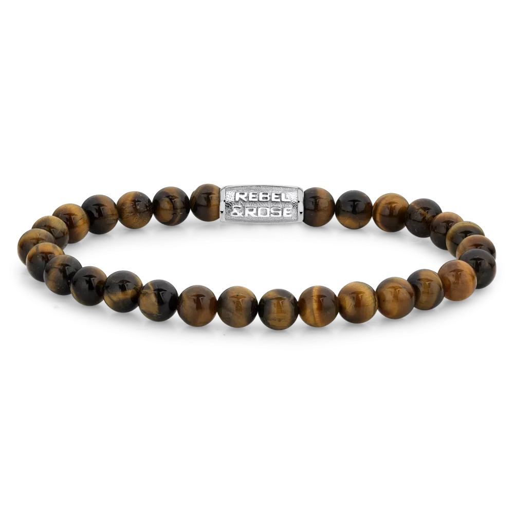 Bracelet made of 6mm tiger's eye with stainless steel clasp - Rebel&Rose Model: RR-60014-S-L