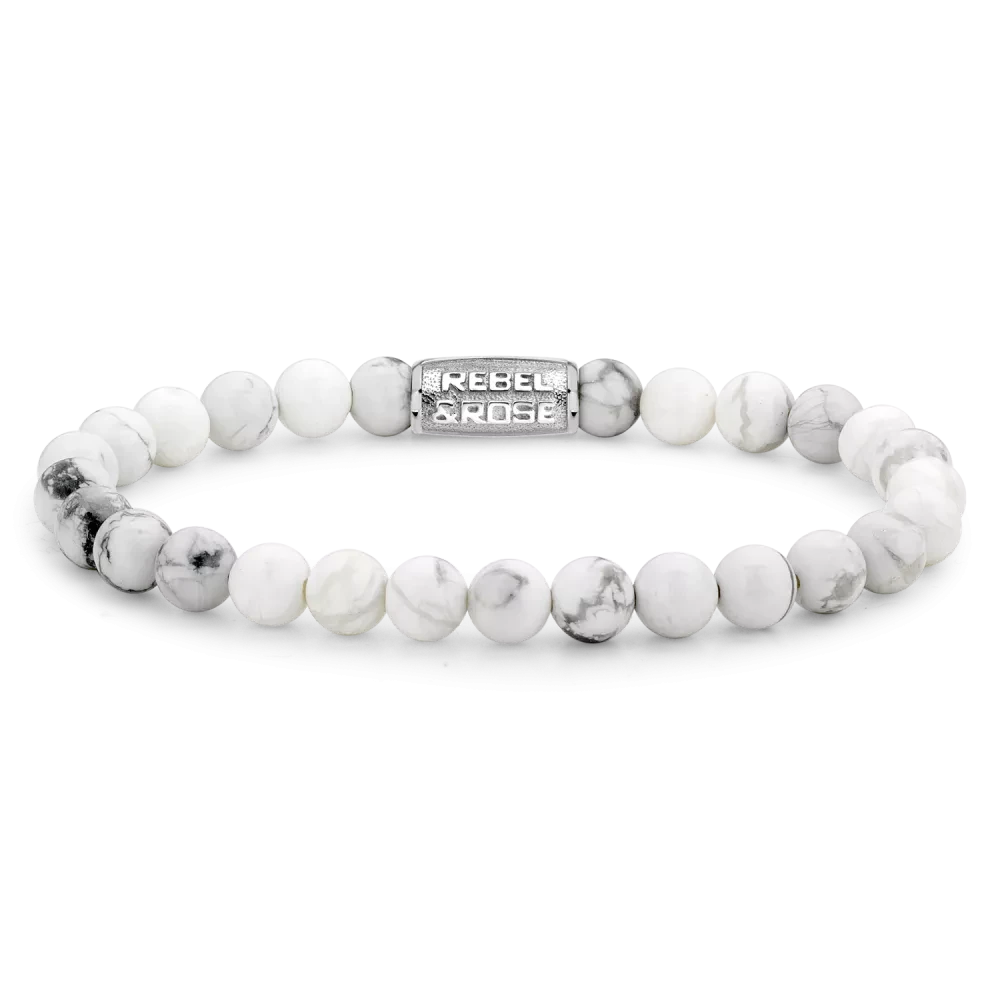 Bracelet made of 6mm gemstones in white with a stainless steel clasp - Rebel&Rose Model: RR-60016-S-M