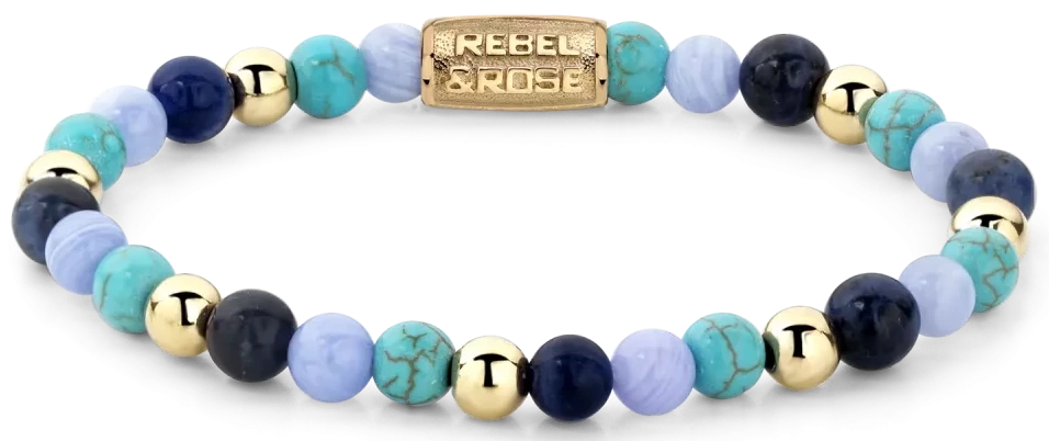 Bracelet made of 6mm sodalite, turquenite and blue chalcedony stones, gold-colored stones and stainless steel clasp - Rebel&Rose Model: RR-60043-G-M