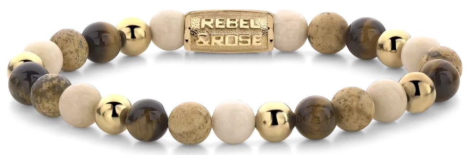 Bracelet made of 6mm gemstones Fossil, Picture Jasper and Yellow Tiger's Eye with metal clasp - Rebel&Rose Model: RR-60044-G-M