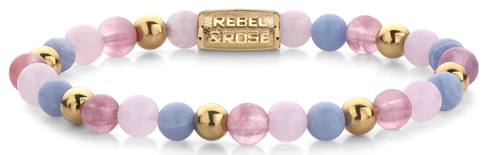 Bracelet made of 6mm gemstones - Cherry Quartz, Rose Quartz and Blue Chalcedony, gold-colored beads and stainless steel clasp - Rebel&Rose Model: RR-60055-G-S