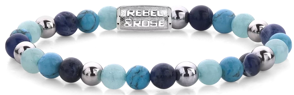 Bracelet made of 6mm gemstones sodalite, turquenite and blue jade, silver-colored stones and stainless steel clasp - Rebel&Rose Model: RR-60056-S-M