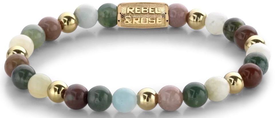 Bracelet made of 6mm multi-colored gemstones and gold-colored beads and stainless steel clasp - Rebel&Rose Model: RR-60077-G-S