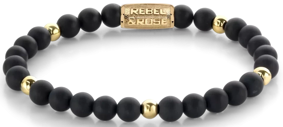 Bracelet with 6mm black and gold-colored stones with stainless steel clasp - Rebel&Rose Model: RR-60078-G-M
