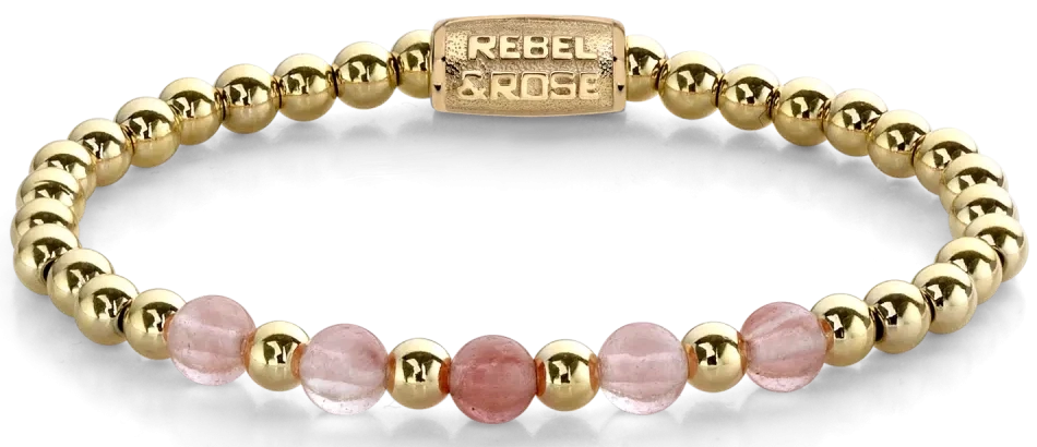 Bracelet made of 6mm pink and gold-colored stones with stainless steel clasp - Rebel&Rose Model: RR-60081-G-M
