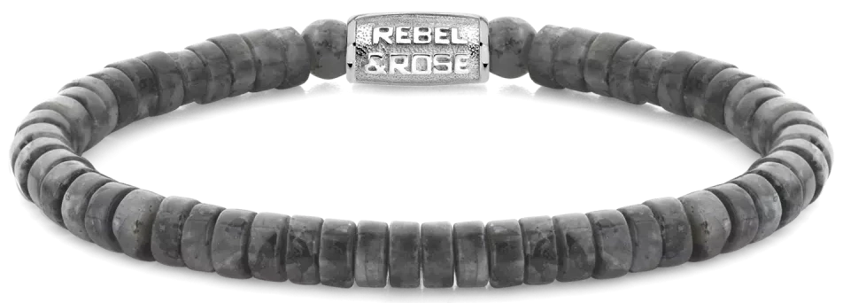Bracelet made of 6mm grey, disc-shaped natural stone with stainless steel clasp - Rebel&Rose Model: RR-60094-S-M