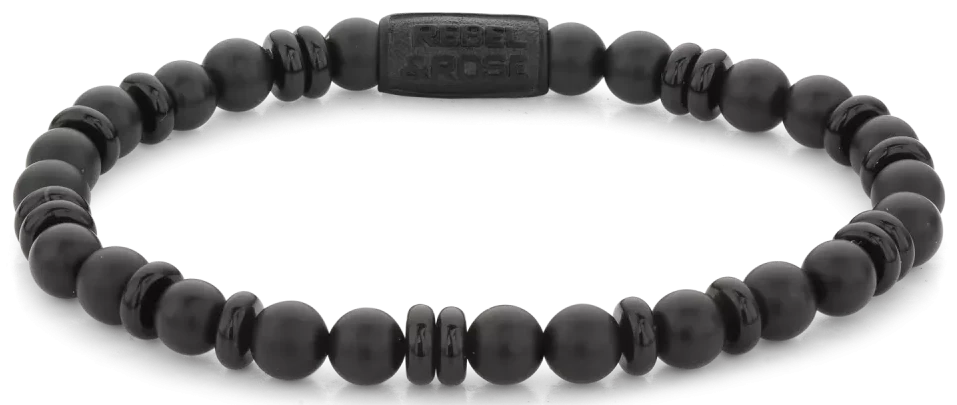 Bracelet made of 6mm black onyx natural stone (partly disc-shaped, partly bead-shaped) with black stainless steel clasp - Rebel&Rose model: RR-60107-B-L