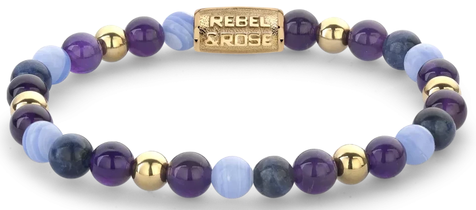 Bracelet made of 6mm beads (Amethyst, Sodalite, Agate, 18K gold-plated steel) with gold-plated stainless steel clasp - Rebel&Rose Model: RR-60109-G-M