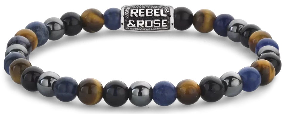 Bracelet made of 6mm sodalite, yellow tiger's eye, blue tiger's eye, and grey hematite gemstones with a grey stainless steel clasp - Rebel&Rose Model: RR-60110-V-L