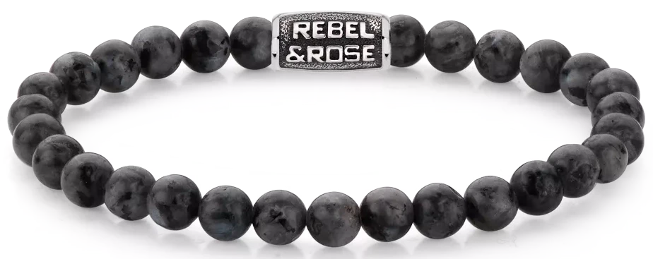 Bracelet made of 6mm black Larvikite gemstones with a black stainless steel clasp - Rebel&Rose model: RR-60117-V-L