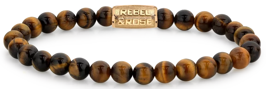 Bracelet made of 6mm natural stone with tiger's eye look and gold-plated stainless steel clasp - Rebel&Rose Model: RR-60120-G-M