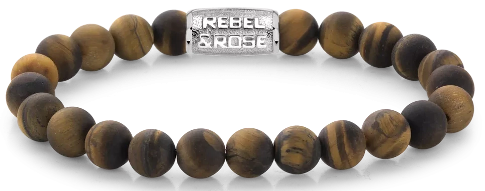 Tiger's Eye bracelet with 8mm stones and stainless steel clasp - Rebel&Rose Model: RR-80023-S-L