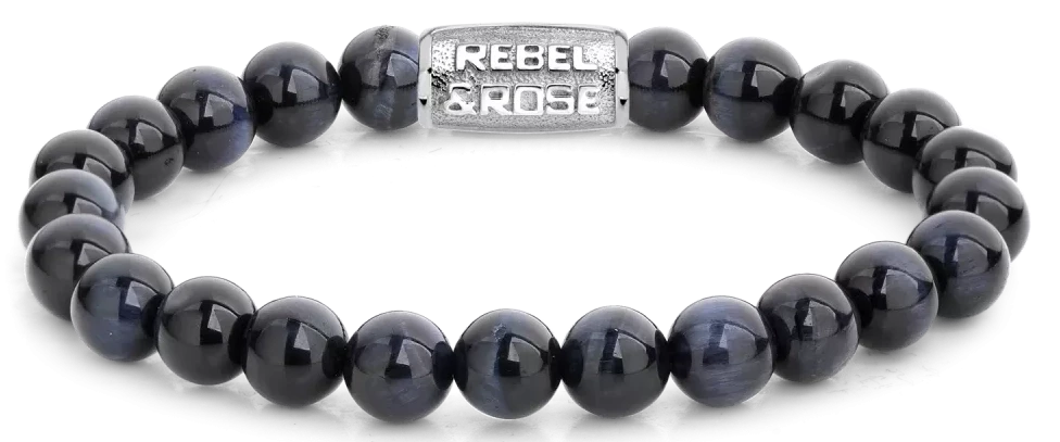 Bracelet made of 8mm dark blue tiger's eye stones with stainless steel clasp - Rebel&Rose Model: RR-80039-S-M