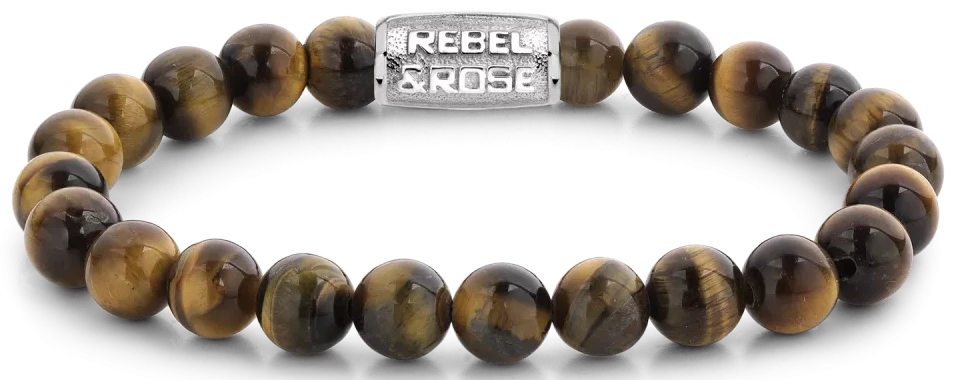 Tiger's Eye bracelet with 8mm stones and stainless steel clasp - Rebel&Rose Model: RR-80042-S-M