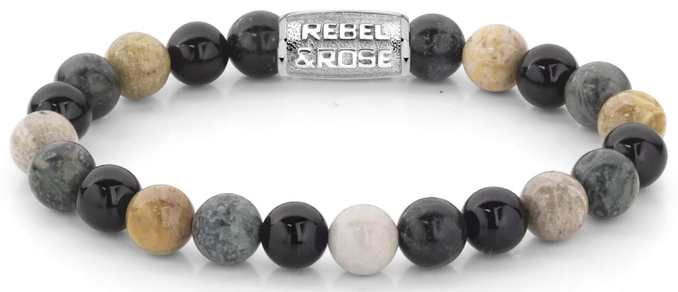 Bracelet made of 8mm gemstones of Rhyolite, Chrysanthemum Stone, and Agate with a stainless steel clasp - Rebel&Rose Model: RR-80051-S-L