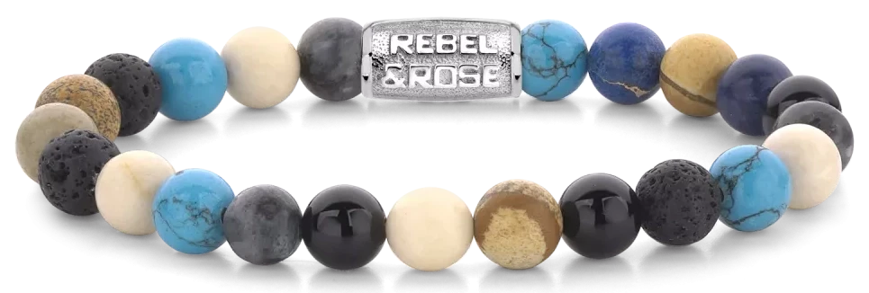 Bracelet made of 8mm gemstones of Agate, Larvikite, Lava Stone, Picture Jasper, Turqurenite and Fossil with stainless steel clasp - Rebel&Rose Model: RR-80064-S-L
