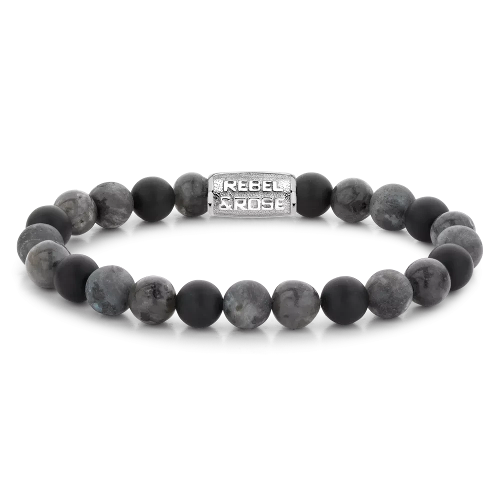 Bracelet made of 8mm grey gemstones with stainless steel clasp - Rebel&Rose Model: RR-80069-S-M